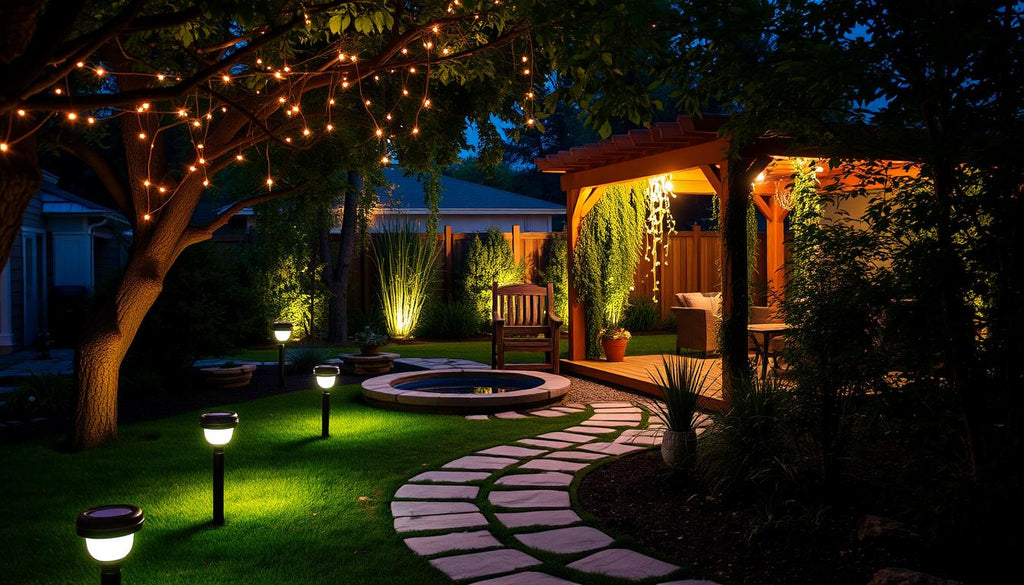 A garden with a path lit by decorative outdoor lights, showcasing beautiful landscape lighting.