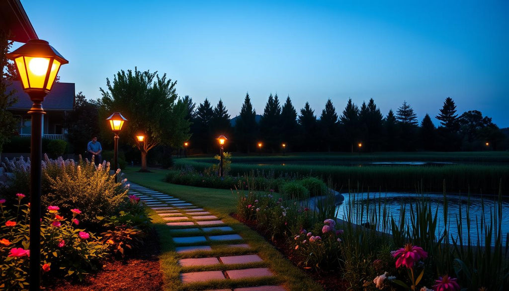 A well-lit lamppost powered by solar energy, highlighting a solution for brighter exterior lighting.