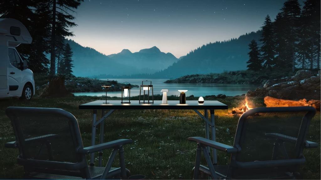 An architectural lighting design showing a modern building exterior illuminated at night with bright outdoor lights.