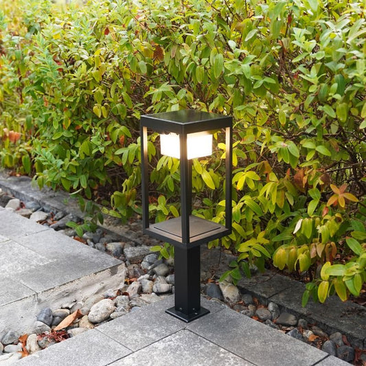 "Ningbo Hanyuan smart Tuya floor cylindrical black outdoor lantern lamp in a garden setting.