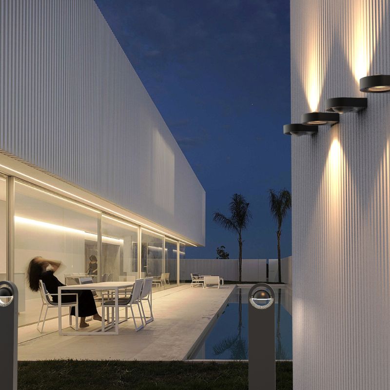 Ningbo Hanyuan smart Tuya wall lamp explore in black, outdoor lighting with modern design, illuminated on a building facade.