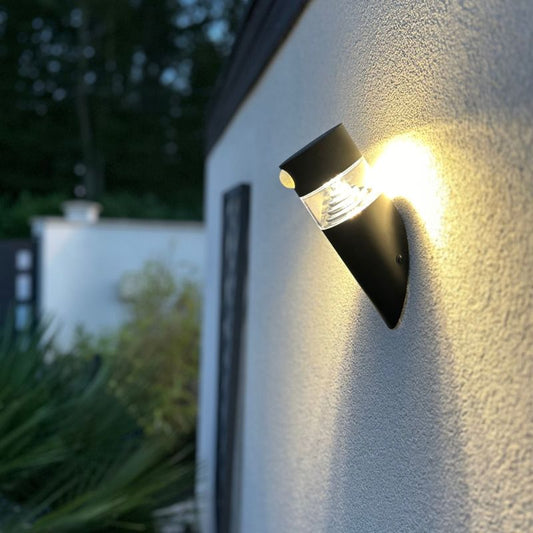 Ningbo Hanyuan Orion black solar sconce, featuring a sleek design with spiral lighting effect, perfect for outdoor wall lighting.